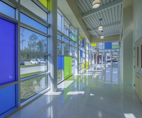 school interior featuring decorative glass