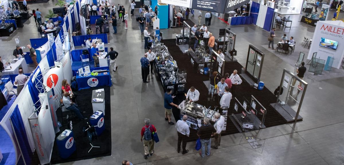 aerial view of the GlassBuild trade show floor