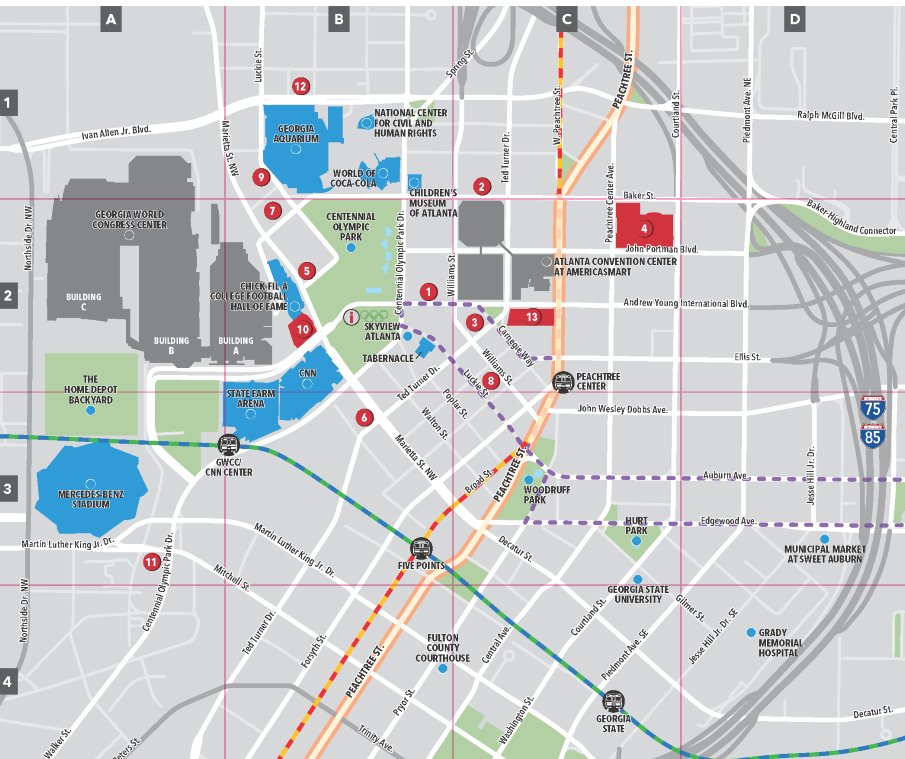 map of downtown Atlanta with GlassBuild hotels