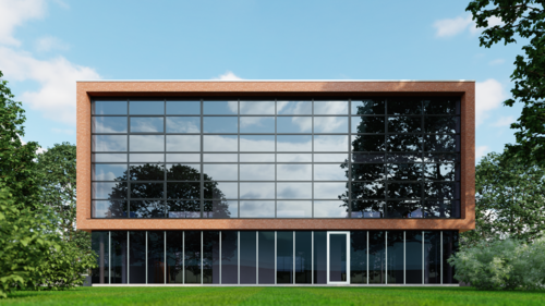 glass building facade reflects trees in natural setting