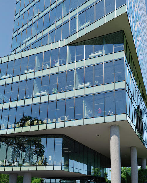 building with coated glass